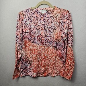 Christopher & Banks Top Woman's Size Large Pink White Black Geometric Button Up